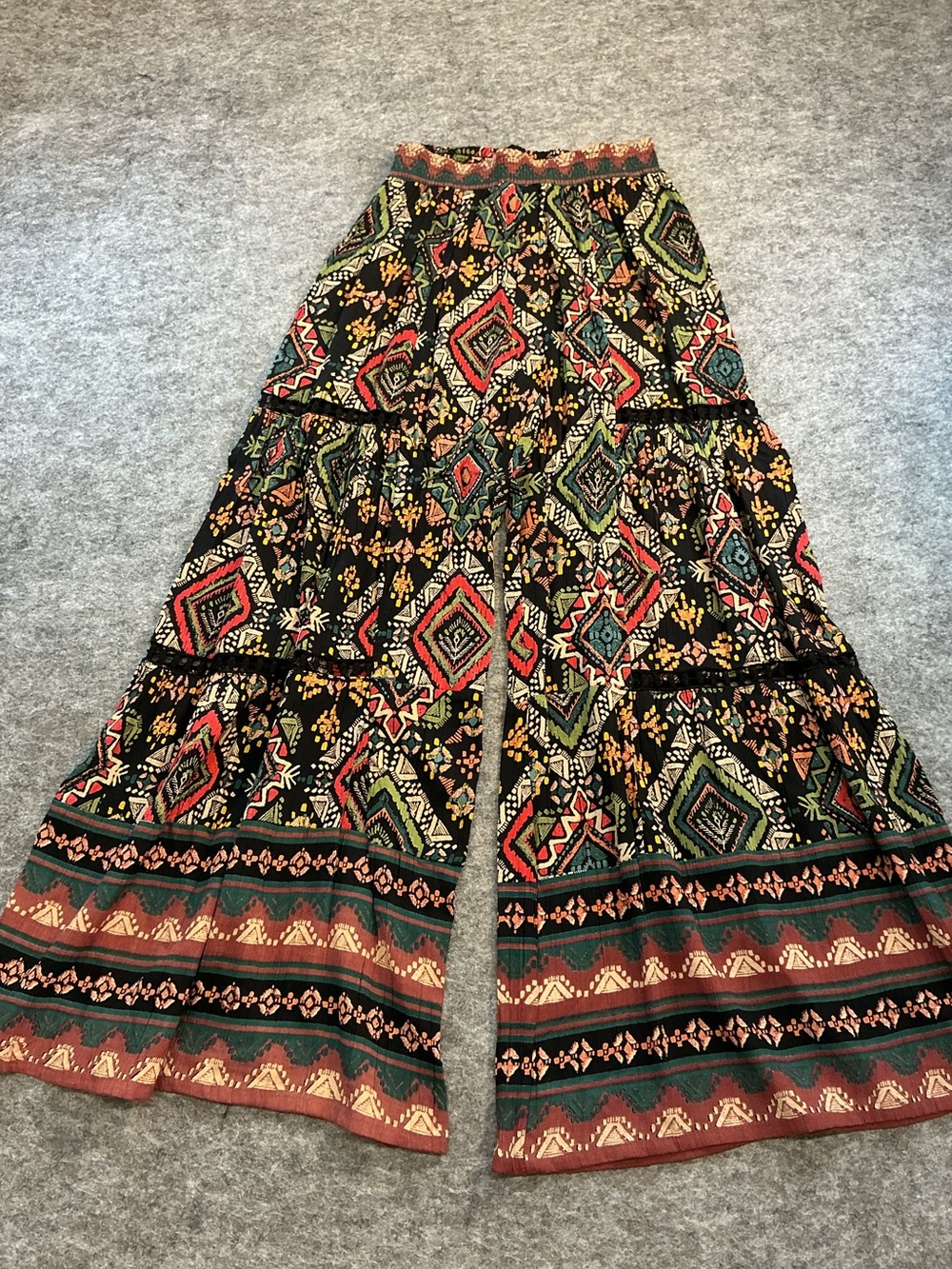 Angie Boho Hippie Black Wide-Leg Boho Print Palazzo Pants Size S
